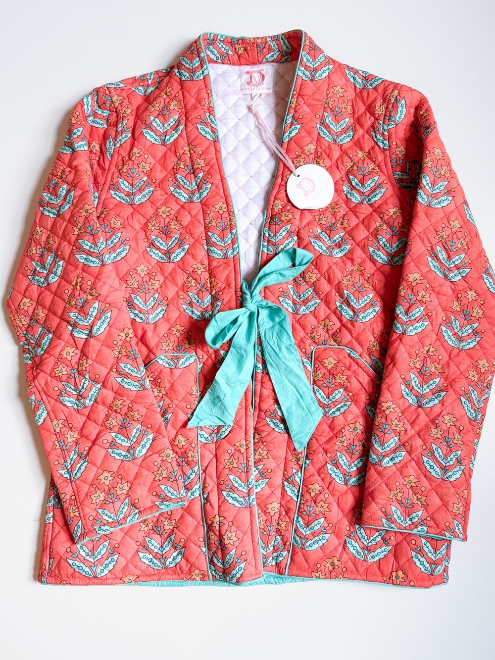 Victoria Dunn Coral Quilted Jacket with Aqua Tie